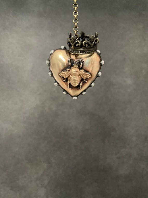 Queen Bee Heart Crown Pendant, Puffed, Dotted, Brass, Rustic Boho Hand Soldered, Jewelry, Lead Free