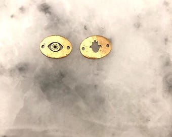 Evil Eye or Hamsa Hand Bracelet Gold Oval Connecter Charm, 15mm, Red String Bracelet Charm, Yoga Jewelry, 24k Gold plate, Pewter