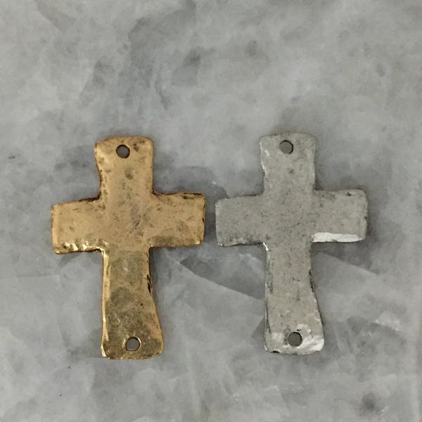 Cross Hammered Pendant, Rustic Connector, 48mm, Sideways Cross, Curved OR Flat, 2 Holes, Gold OR Silver, Pewter