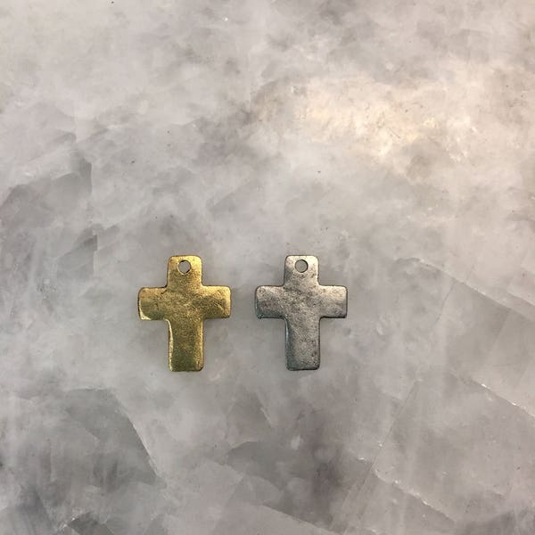 Cross Charm, Small, Pewter, Simple, Gold or Silver 18mm, 1 Holed, Hammered, Charm, Pewter, Supplies