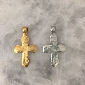 Rustic Cross Pendant, High End, Hammered 48mm, Gold or Silver, Bail and Rounded Corners, Pewter