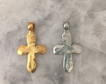 Rustic Cross Pendant, High End, Hammered 48mm, Gold or Silver, Bail and Rounded Corners, Pewter