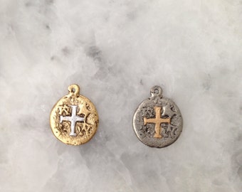Pirate Coin with Highlighted Cross, 23mm Doubloon Charm, Old World, Pieces of Eight Coin, 2 Sided, Pewter