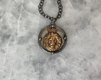 Lion w/ Crown, Coin Pendant, Brass, European Coin 1740  Replica, Soldered, 1.75", Handmade, Pendant ONLY,2 Sided, Lead Free