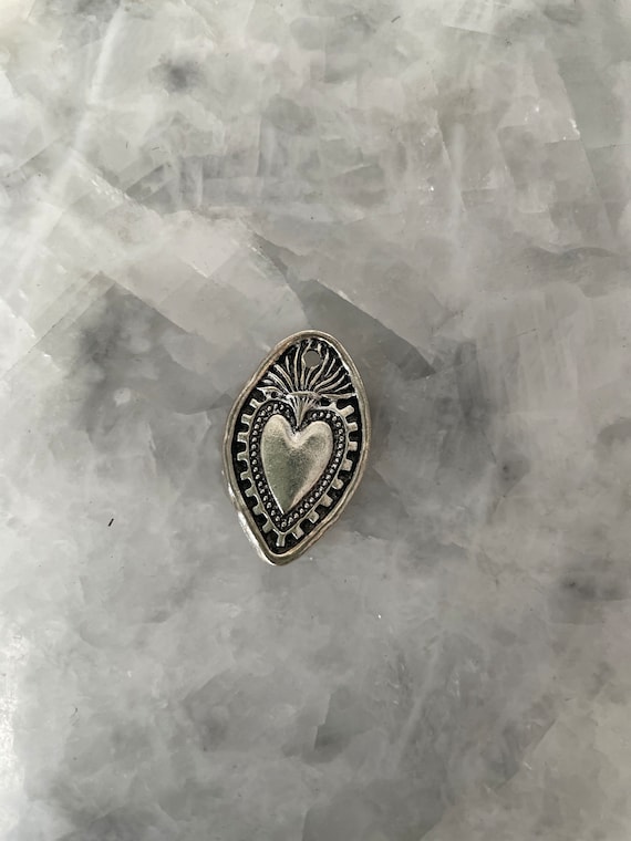 Sacred Heart Charm, Pendant, Flaming Heart, Milagros, 1+1/8", Silver, Alloy Metal, Lead Free
