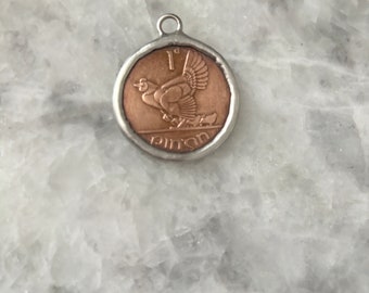 Mother Hen with Chicks, Vintage Irish Coin Pendant, 1 Penny, Gift For Her, Solid Bronze, Harp, 1.25”, Original Coin