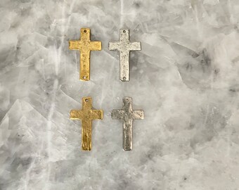 Cross Charm, Pendant, Earrings, Hammered 1.25", 1 OR 2 Hole, Small Rustic Gold or Silver, Pewter