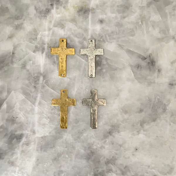 Cross Charm, Pendant, Earrings, Hammered 1.25", 1 OR 2 Hole, Small Rustic Gold or Silver, Pewter