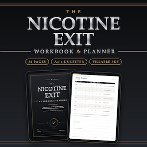 Puede incluir: El Nicotine Exit Workbook & Planner es un documento digital de 32 páginas, disponible en tamaños A4 y US Letter como PDF rellenable. Incluye un rastreador diario para monitorear el progreso, presentado en dos tabletas sobre un fondo negro.