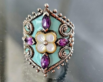 Anillo vintage de loto con amatista y esmalte de Barbara Bixby