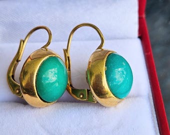 Pendientes vintage de turquesa con cierre de palanca en oro amarillo de 18 quilates, años 60-70.