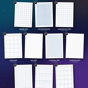 Puede incluir: Un paquete digital de 20 hojas de papel cuadriculado imprimibles titulado Graph Paper Bundle Part 1. La colección incluye diez estilos de cuadrícula distintos: cuadrado, milimétrico, cuarto de pulgada, grande, puntos, isométrico, puntos isométricos, hexagonal, semi-log y log-log.