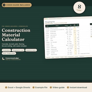 Rekenmachine voor bouwmaterialen, kostenraming voor beton, gipsplaten, verf, vloeren en daken, materiaallijst in spreadsheetformaat, Excel, Google Sheets