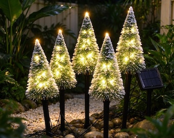 Solar Snow Flocked Christmas Tree Stake Lights,Waterproof LED Mini Xmas Tree Path Lights, Garden Lawn Yard Decor, Holiday Landscape Lighting
