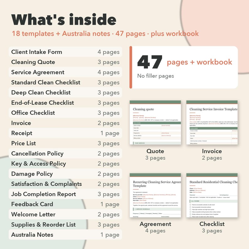 Cleaning Business Bundle, 18 Editable Cleaning Forms, House Cleaning Checklists, Service Agreement, Invoice & Quote Tracker 画像 2