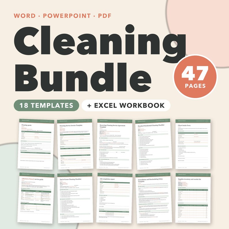 Cleaning Business Bundle, 18 Editable Cleaning Forms, House Cleaning Checklists, Service Agreement, Invoice & Quote Tracker 画像 1