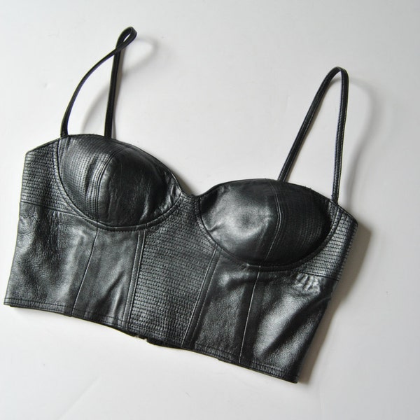 90s Versace Leather Bustier Istante Black Rock Chic Croptop