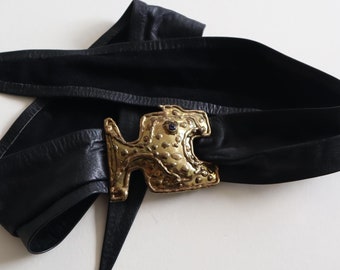 Vintage Brutalist Belt Black Leather with Large Fish Buckle Piranha Mexico