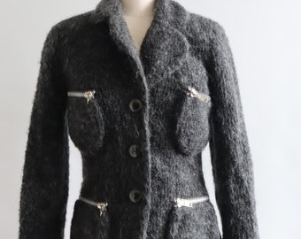 80s Tripp NYC Jacket Blazer Grey Mohair Blend Fuzzy Zipper Details Silver