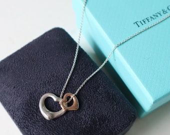 Tiffany & Co Open Heart Pendant and Chain in Sterling Silver Gold Elsa Peretti Small Double Two