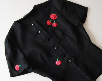 Louis Feraud Linen Suit Jacket US 2 Blazer Black Short Sleeve with Red Cherry Applique Embrodery