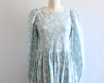 Laura Ashley Pastel Floral Prairie Dress with Long Sleeves Bohemian 80s Green Purple