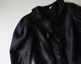 Black Silk German Austrian Blouse Shirt Sleeve Shirt Cotton Medium Top Tyrolian Trachten Puffy Big Sleeves Raw Silk Dupioni