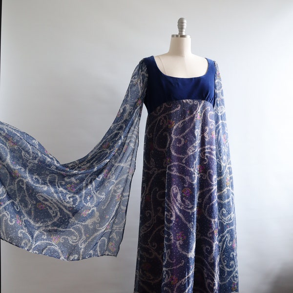 Quaid Dress with Dreamy Long Sleeves Blue Navy Floral Fairy
