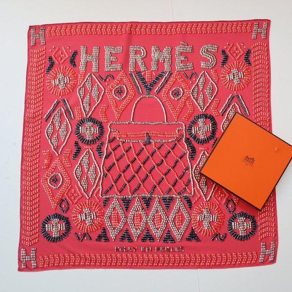 Authentic Hermes Kelly En Perles Silk Scarf 70 Coral Pink