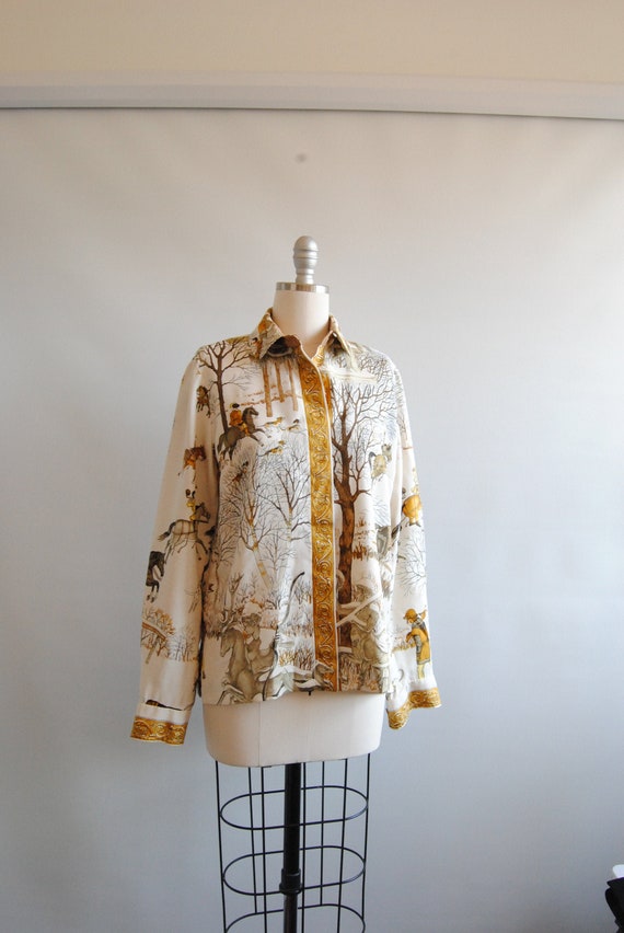 Hermes L Hiver Leroux Silk Print Blouse Womens Novelty Print