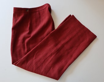 Hermes Margiela Wide Linen Pants Dark Red Burgundy Sz 40 Logo Buttons Side Zipper