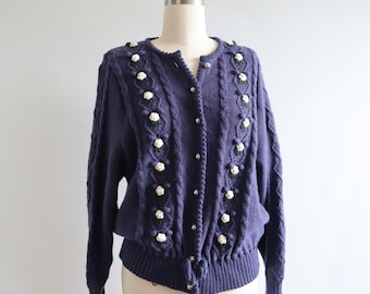 Vintage Lanamoden Salzburg Austrian Folklore Cardigan Purple Embroidered Flowers Sweater Wool