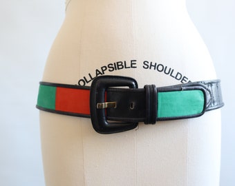 Vintage Escada Belt Size 42 Large Black Suede with Colorblock Details Red Blue Green Primary Colors