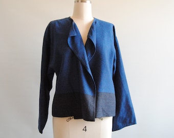 70s Vuokko Women's Open Front Light Jacket Blazer Black Blue