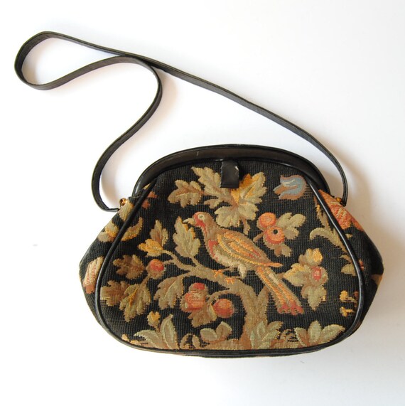 Nettie Rosenstein Black Leather Carpet Bag Tapestr