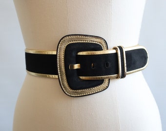 Vintage Escada Belt Size Medium Black Suede with Gold Details