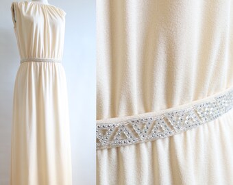 Vintage Ivory Maxi Dress with a Rhinestone Belt Sleeveless White Gown