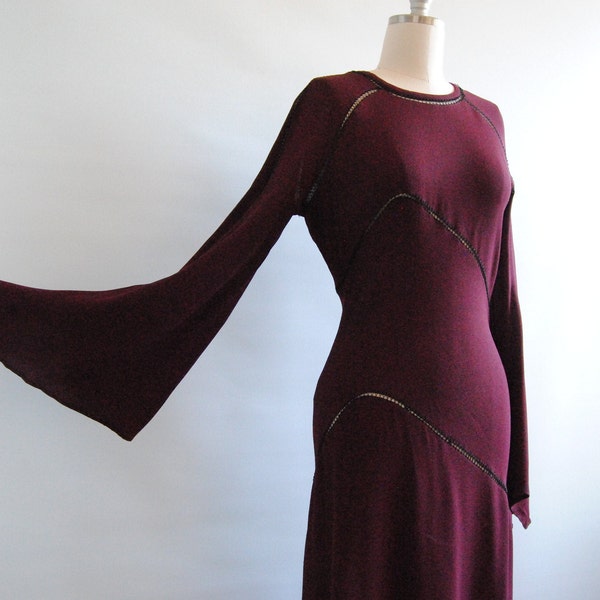 Alice Pollock Dress with Long Sleeves Dark Red Moss Crepe with Peekaboo Detailing