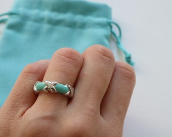 Tiffany & Co Silver Turquoise Enamel Wide Signature X Ring Blue 4.25
