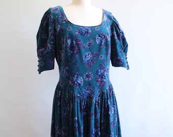 Laura Ashley Velvet Floral Prairie Dress with Short Sleeves Bohemian Blue Jewel Tone