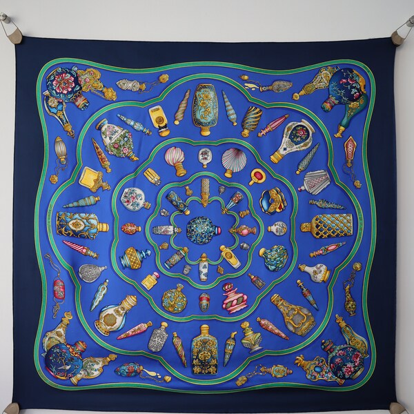 Hermes Pourvu qu'on ait l'ivresse Perfume Bottle Silk Scarf Blue Vintage Catherine Baschet