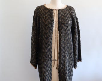 NOS Mary Farrin Mohair Wool Cardigan Sweater Sz M England London Brown Beige Front Tie