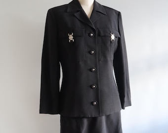 Versace Jeans Couture Black Skirt and Blazer Suit Set Size 90s Medusa Silver Logo