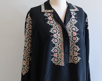Vintage Cross Stitch Black Shirt Button Up Long Sleeve Folk