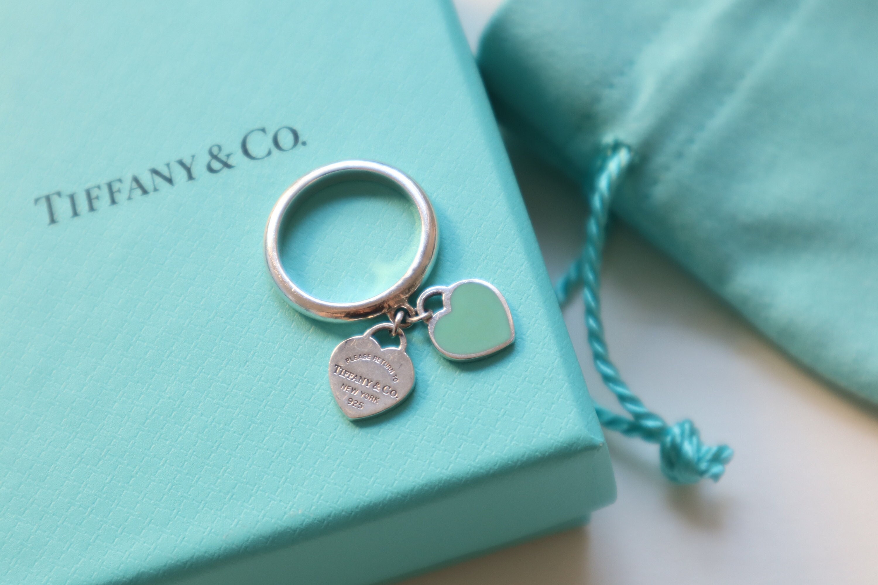 Tiffany & Co Silver Blue Enamel Mini RTT Double Hearts Ring Blue
