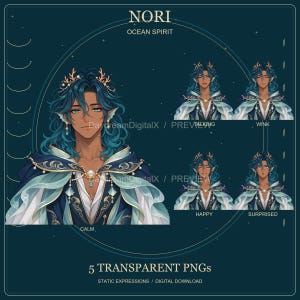 May include: A digital character sheet titled Nori Ocean Spirit featuring a character with teal hair, pointed ears, and gold coral-like headwear. The character wears a blue and white layered garment with gold accents and pearls, shown in five expressions: calm, talking, wink, happy, and surprised.