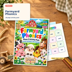 May include: An 18-page Farmyard Phonics Phase 3 activity pack featuring a colorful cover with cartoon farm animals, a red barn, and a blue tractor. The pack includes educational word cards and games designed for early learners to practice reading skills.