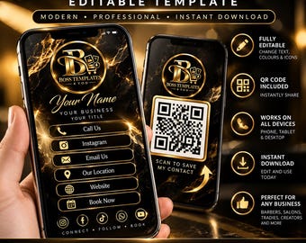 May include: A digital business card template displayed on two smartphones featuring a black and gold marble design. The screens show contact buttons, a QR code, and the text Boss Templates 4 You. The layout includes icons for social media, phone, email, and website links.