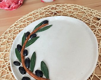 Handmade Ceramic Cheese Plate, Olive Branch Relief Design