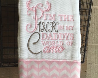 Personalized Embroidered Baby Girl Burp Cloth "I'm the Pink in My Daddy's World of Camo" Shower Gift, Hunting